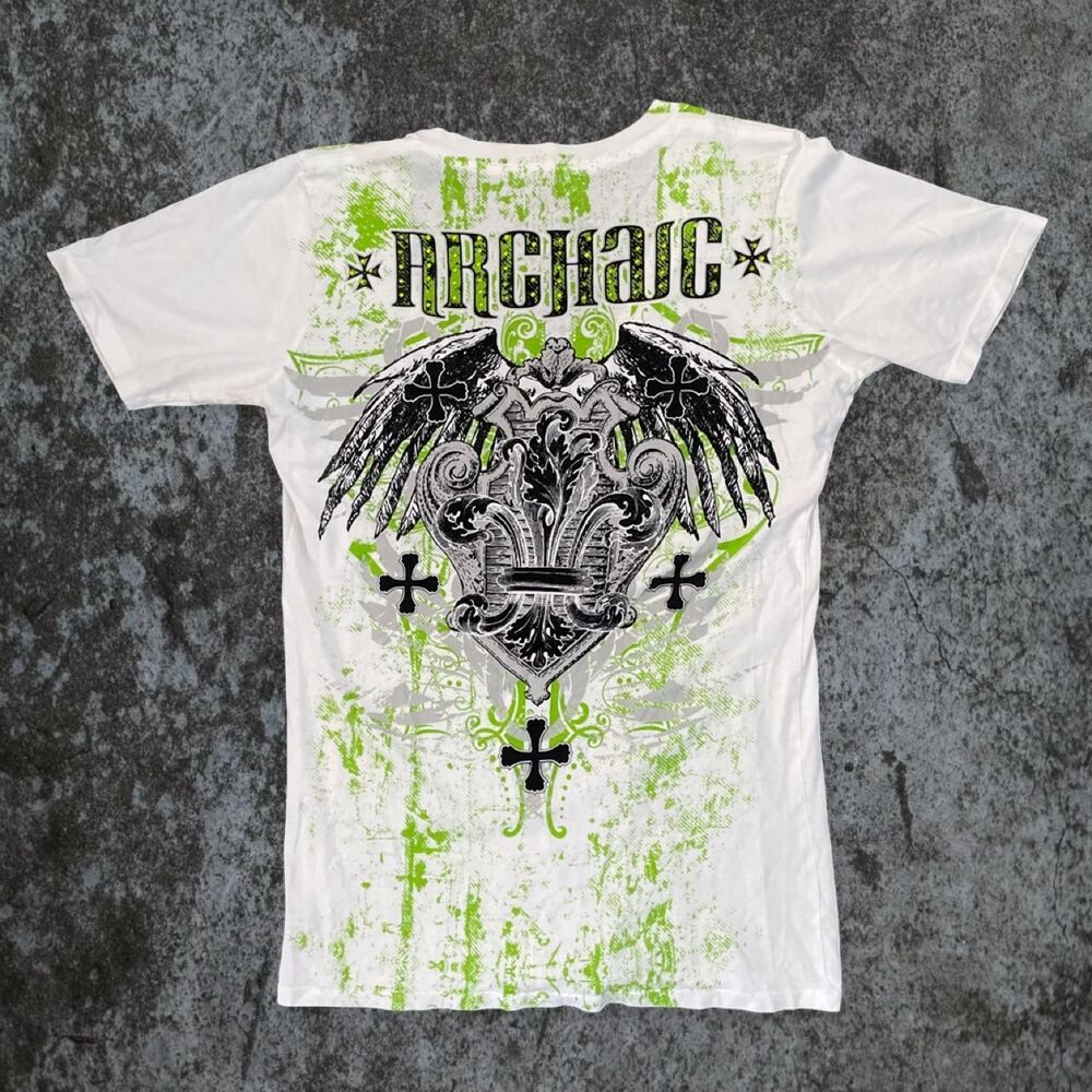Archaic by Affliction Rhinestone Graphic Tee Women's L Cross and Wings